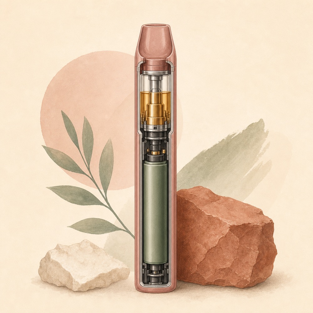 An anatomical-style illustration of a simple disposable vape pen device