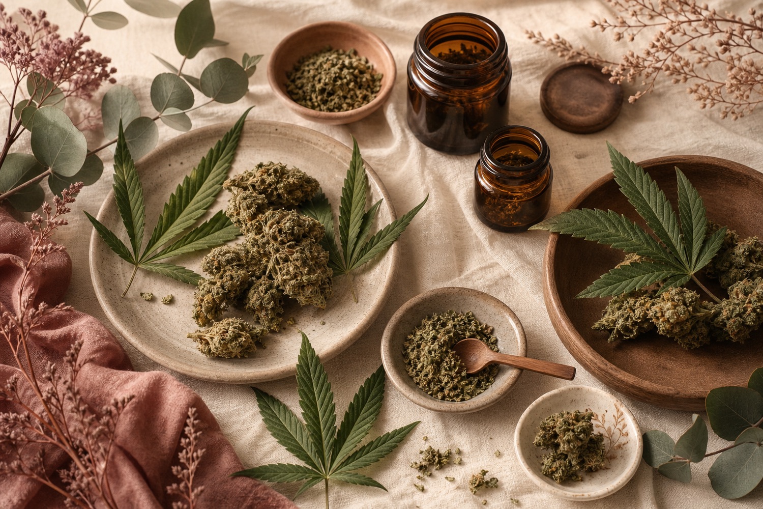 A calm arrangement of dried cannabis flower, herbal leaves and amber glass jars on a warm linen surface