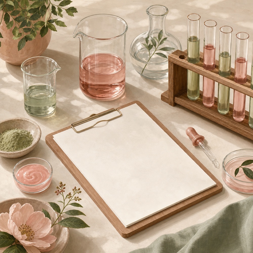 Laboratory glassware, test tubes in a rack and a blank clipboard on a warm surface
