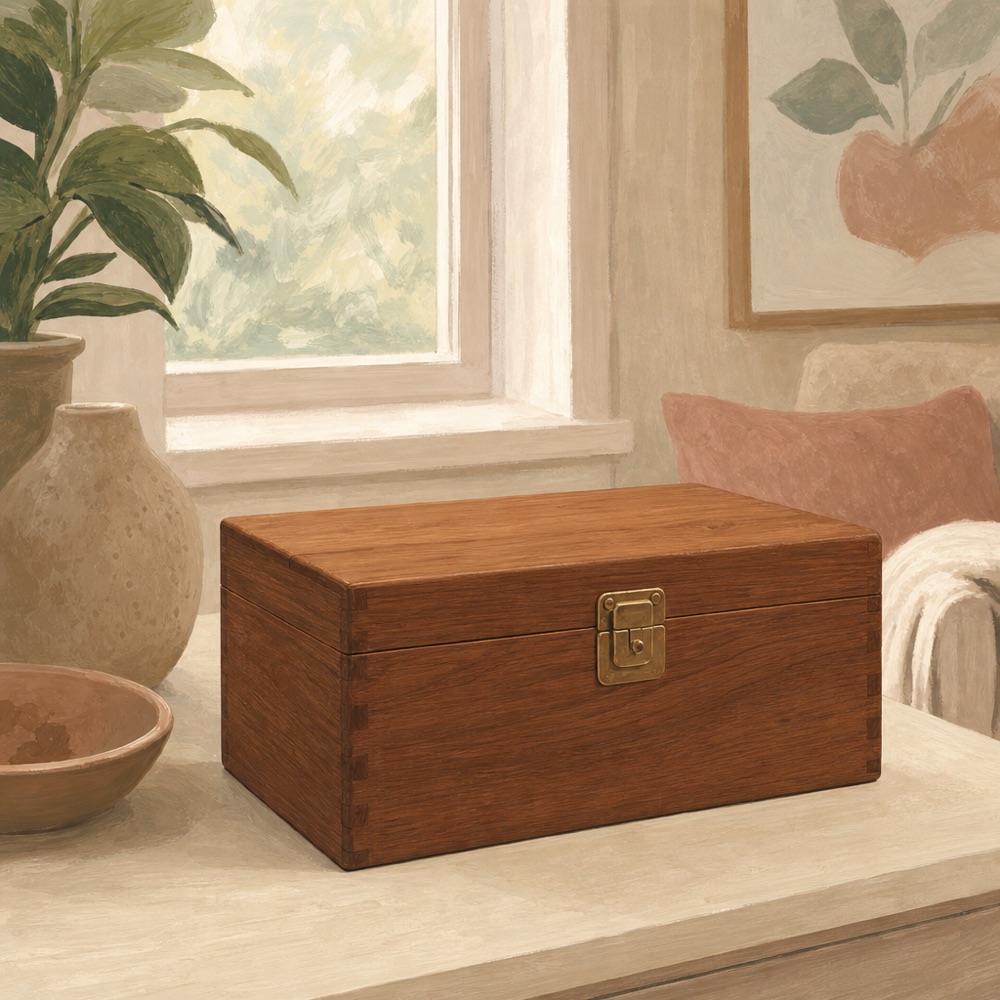 A small lockable wooden storage box closed on a warm surface by a sunlit window
