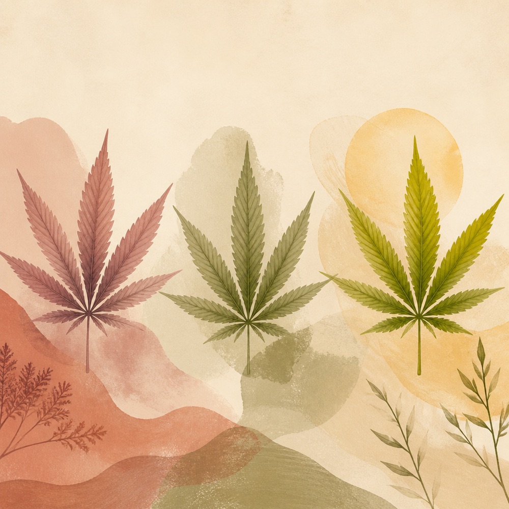 Three cannabis leaves arranged in a soft gradient representing a spectrum of varieties