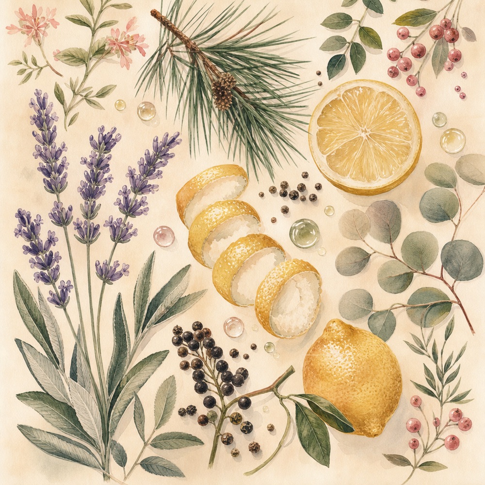 A botanical study of aromatic plants: citrus peel, pine, lavender and pepper